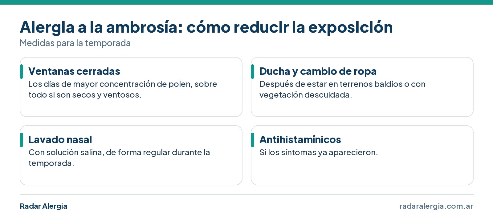 Medidas para reducir la exposición a la ambrosía: ventanas cerradas, ducha y cambio de ropa, lavado nasal y antihistamínicos