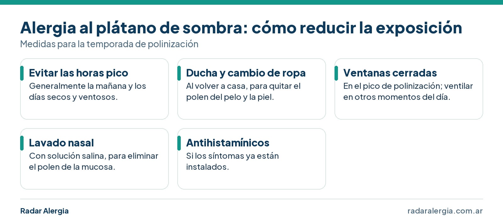 Medidas para reducir la exposición al polen del plátano de sombra: evitar horas pico, ducharse y cambiarse, cerrar ventanas, lavado nasal y antihistamínicos